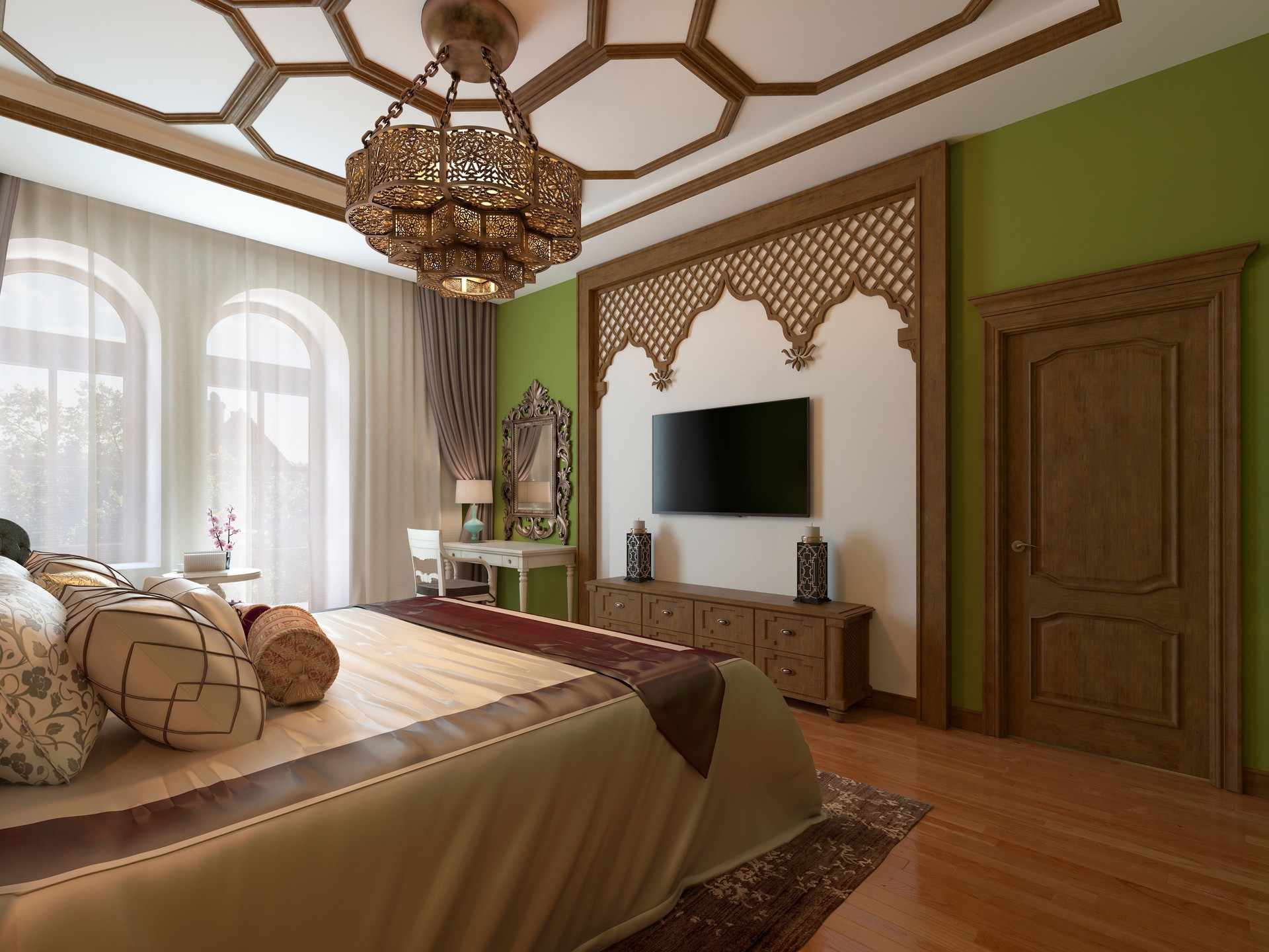 East bedroom in Arab style, wooden headboard and green walls. TV unit, dressing table, armchair with coffee table.